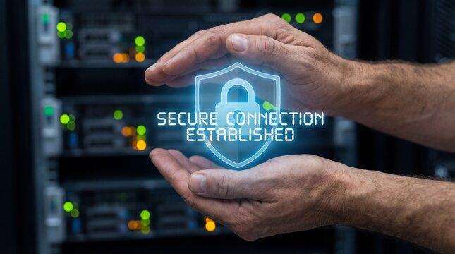 Secure connection established with protective hands holding shield - Powered by Adobe