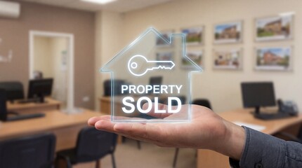 Hand holding property sold sign in real estate office