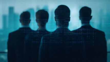 Four silhouetted figures in suits face a blurred cityscape, suggesting themes of business, technology, and abstraction.