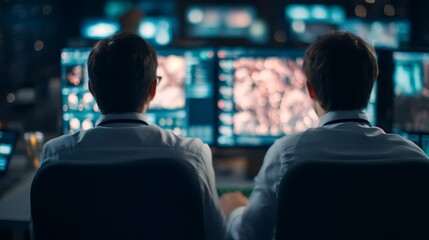 Two professionals work intently at computer screens, analyzing data in a high-tech environment.