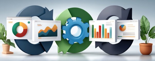 Circular gear and dashboards representing data analytics, process optimization, and continuous improvement in business