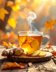 Aromatic ginger tea steams in a clear mug set on a wood base against a bright autumn foliage backdrop