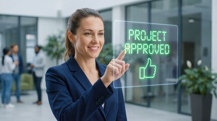 Confident businesswoman approving project with virtual interface
