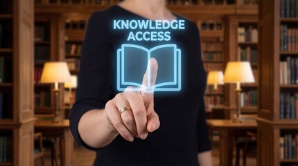 Woman accessing knowledge with glowing book icon in library
