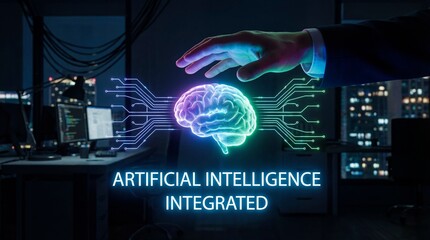 Businessman interacting with artificial intelligence system in modern office