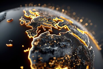 Global digital globe with glowing orange outlines highlighting Europe and Africa for tech and innovation themes