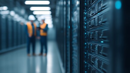 A blurred image of two workers in safety gear discussing near rows of servers in a data center, showcasing a technological environment.