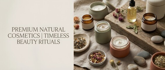 Natural cosmetic products and spa essentials featuring creams, oils, and herbs for a holistic self-care concept with an organic aesthetic