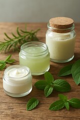 Natural organic cosmetic products in glass jars with fresh mint and rosemary on a rustic wooden table for a green beauty concept and sustainable wellness