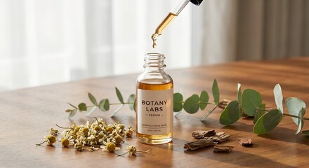 Botanical serum dropping from a pipette onto a wooden table with eucalyptus and chamomile for natural skincare concept and organic beauty product