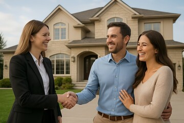 Young couple shaking hands with a real estate agent in front of their new house for real estate purchase concept and homeownership celebration