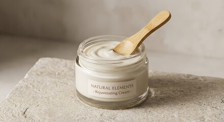 Open jar of natural rejuvenating cream with wooden spoon on a minimalist stone surface for organic skincare concept and wellness promotion
