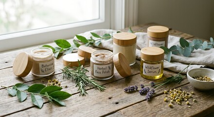 Artisanal natural skincare products with botanical ingredients and fresh herbs displayed on a rustic wooden table for organic beauty concept