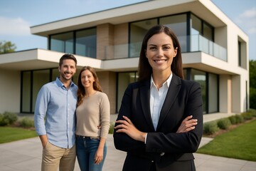 Professional real estate agent and happy couple smiling in front of a modern luxury house for homeownership concept and property investment