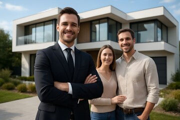 Professional real estate agent smiling with happy young couple in front of a modern house for home ownership concept and property investment