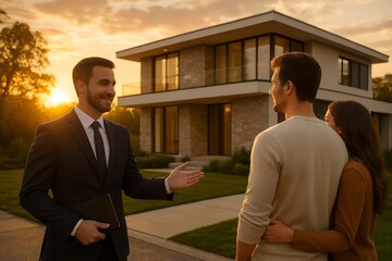 Real estate agent presenting a modern luxury house to a young couple at sunset for homeownership concept and future lifestyle planning