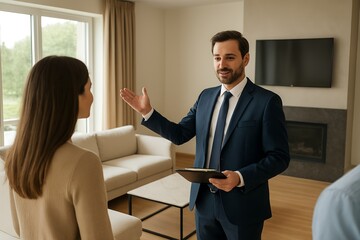 Professional real estate agent showing a modern apartment to a female client for a new home concept and property investment opportunity
