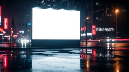 A blank white billboard stands illuminated in the rain-soaked city street at night, surrounded by vibrant neon lights and reflections.