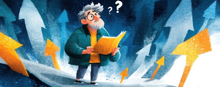 Old man at the crossroads with a map, unsure which way to go in a windy forest scene