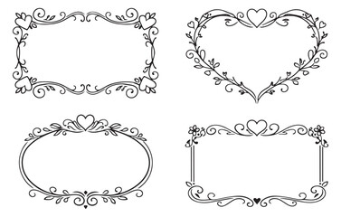 Obraz premium Hand drawn line art frames set featuring decorative swirls, hearts, and floral elements for weddings and romantic designs