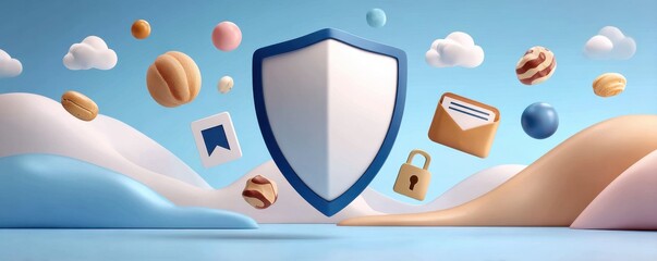 Creative AI security shield illustration with floating icons representing protection and privacy in a digital world
