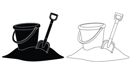 Black and white line drawing of beach buckets and shovels on sand © MdMojiburRahman