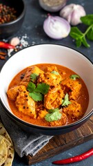 Aromatic orange chicken curry in a white bowl, garnished with herbs and spices on a dark wooden surface