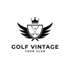 vintage golf club logo design with vector shield, crown and wing