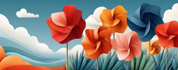 Colorful paper pinwheels in a sunny garden with clouds and grass