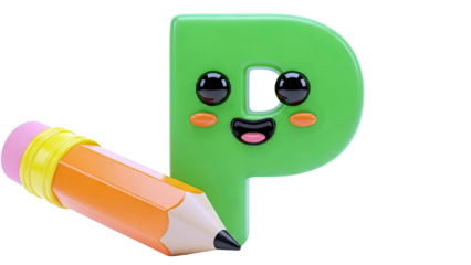 Cute Cartoon Green Letter P with Pencil