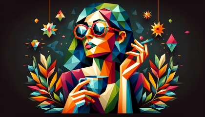 A geometric woman wearing glasses made of triangles is drinking coffee indoors. The background is dark and the image is colorful. There are few plants around.