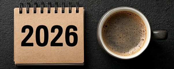 New year concept: top view notebook showing 2026 beside a cup of coffee