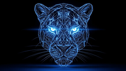 Glowing blue panther head with neon eyes on dark background