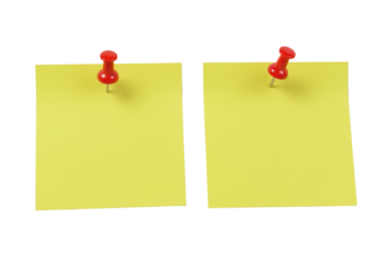 Two blank yellow sticky notes with red pushpins on a white background with sharp shadows and copy space, concept of office organization and communication