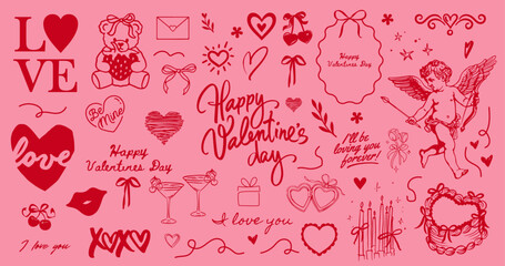 Romantic valentine&rsquo;s day hand drawn elements set with cupid, hearts, wedding, event, seamless, bows, and Champagne Glasses &ndash; Vector Illustration set