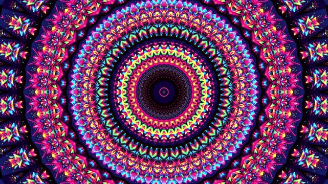 4K Colorful kaleidoscope background. Abstract multicolored motion graphics background for yoga specialist, astrology, art therapist, night club, music video.
