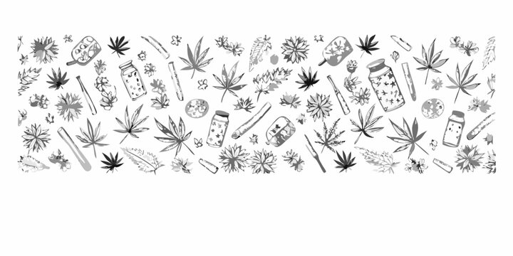 Black and white doodle pattern featuring cannabis leaves and related items