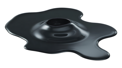 A dark glossy abstract form resembling a melted or fluid shape with a central void