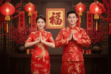 Obraz premium Smiling Asian couple in embroidered red attire performing a traditional Lunar New Year greeting gesture, Chinese New Year concept. 