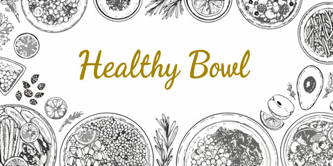 A decorative arrangement of sketched food bowls and citrus fruit slices © SreemotiRaba