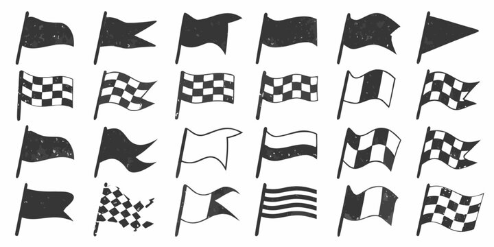 A collection of various black and white racing flags in different designs