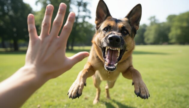 Aggressive German Shepherd dog lunging and snarling fiercely at a human hand in an outdoor park setting.
