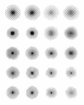 Arrangement of varying density dotted circles on a white background