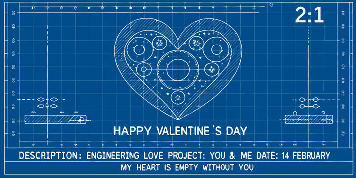 Blueprint of a mechanical heart with valentine s day engineering project details