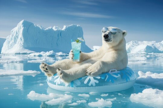 Polar bear wearing sunglasses relaxing on an inflatable float in icy arctic water, holding a blue cocktail, funny vacation scene.