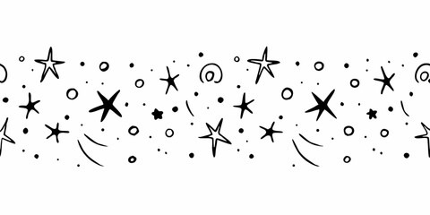 A whimsical scattering of black stars dots and curved lines on a white background