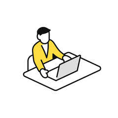 ノートパソコンで調べものをするビジネスマンのシンプルなベクターアイコンイラスト