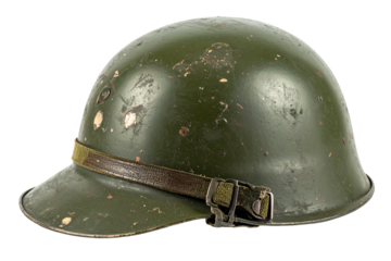 old weathered green military helmet isolated on white background