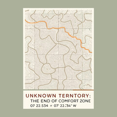 Topographic map with orange route and text unknown territory end of comfort zone