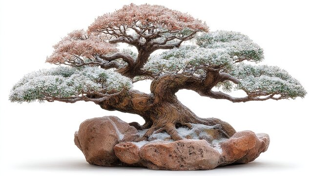 Ancient windswept bonsai, its gnarled trunk and bleached driftwood jin frozen in mid-twist, stands in quiet solitude against a seamless arctic-white backdrop.